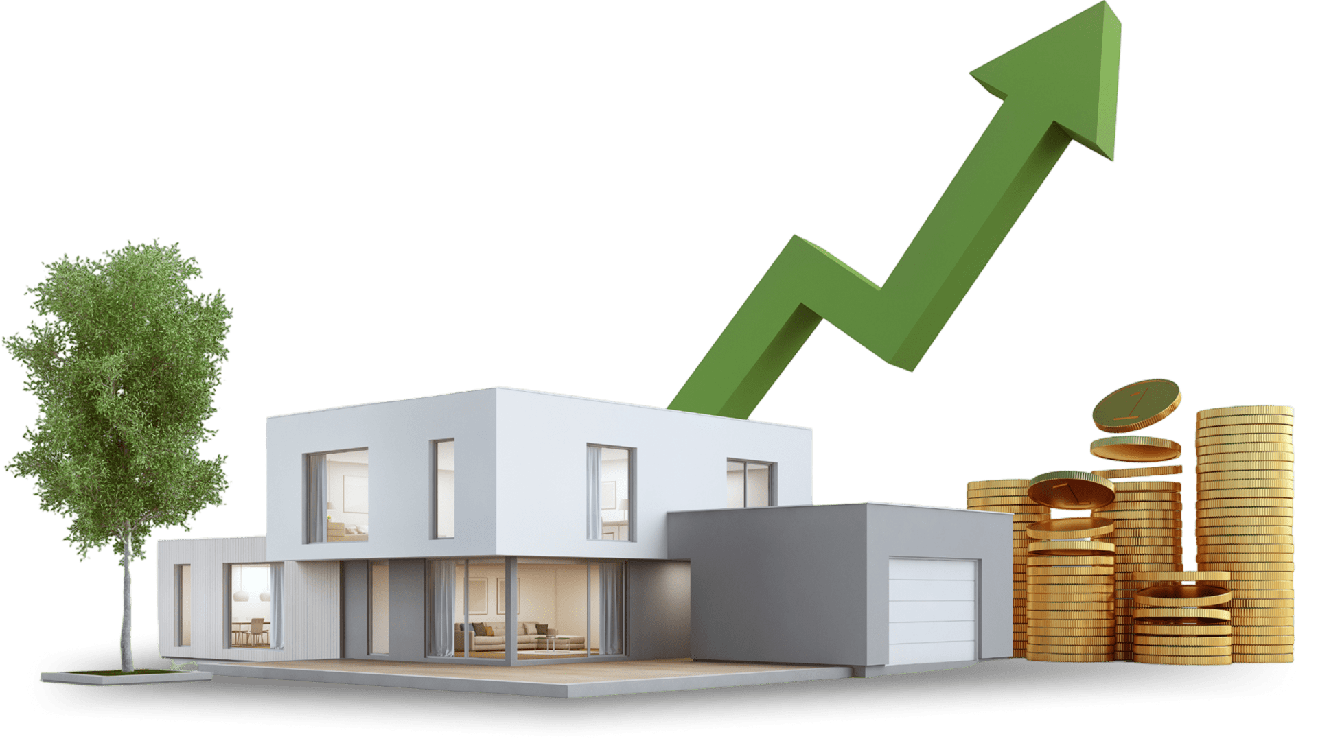 A house with an arrow going up in the shape of a growth.